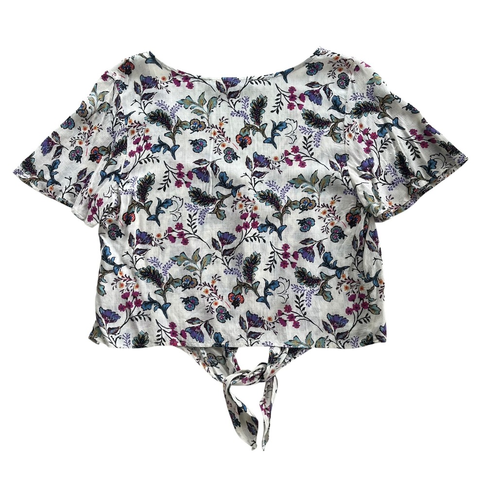 ONE Clothing LA Women's XS Cream Pink Floral Tie Front Short Sleeves Crop Blouse - Picture 2 of 16